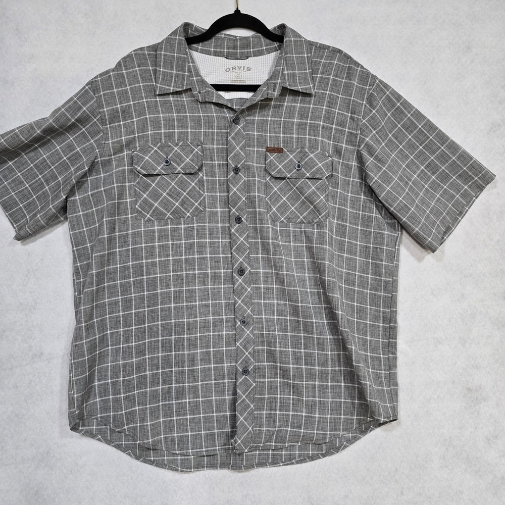 Orvis Mens XL Grey Plaid Short Sleeve Button Down Shirt Outdoor Hiking Travel